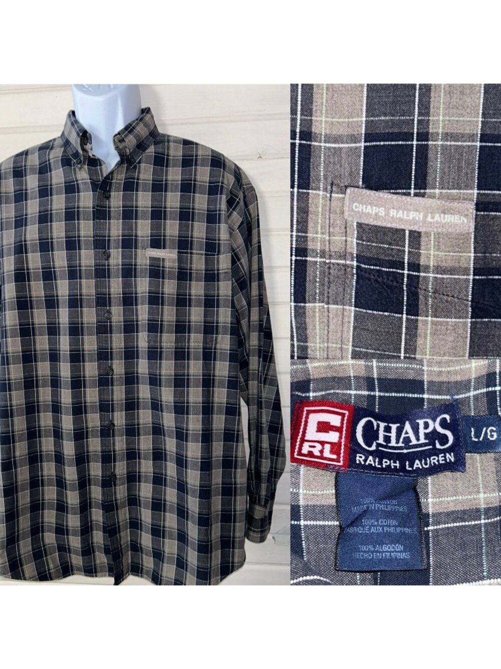 VTG Ralph Lauren Chaps Sz LARGE Navy Blue Khaki Plaid L/S Button Down Shirt EUC